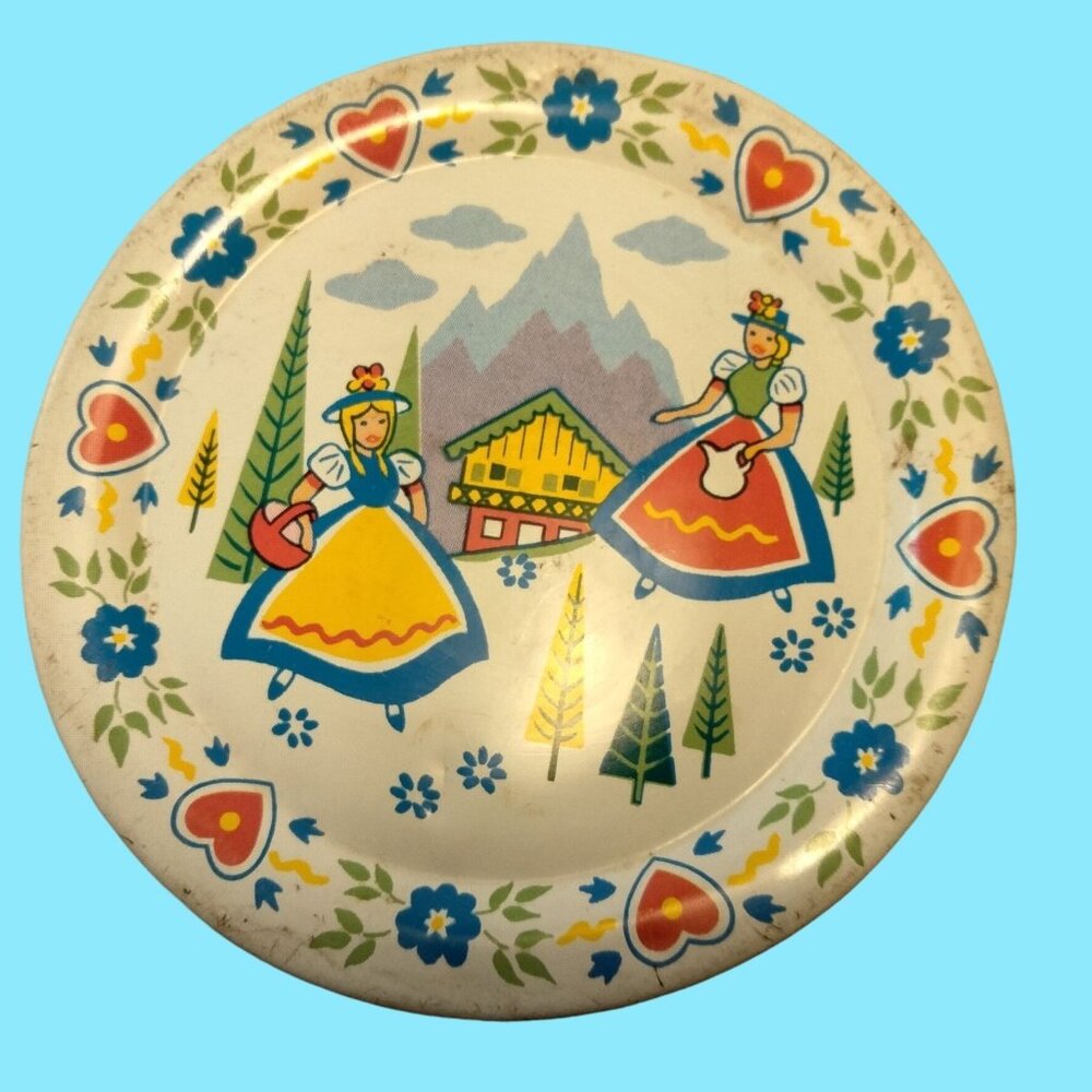 Ohio Art Litho Toy Metal Plate Swiss Alpine Maids 1950s  Vintage 4 inch